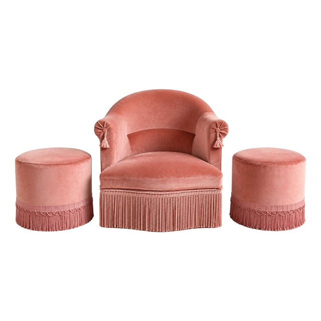 Napoleon III Lounge Chair and Poufs in Pink Velvet, 1800s, Set of 3 For Sale