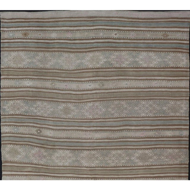 Measures: 5 x 7'11. Vintage Turkish Kilim Rug in Soft Taupe, Beige, and Pale Blue Striped Design. Keivan Woven Arts / rug...