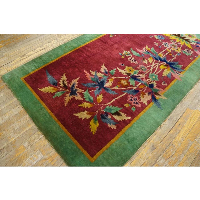 Amazing Pink Blush Color and Turquoise Teal Border With Floral Design Antique Chinese Art Deco Rug For Sale - Image 4 of 11