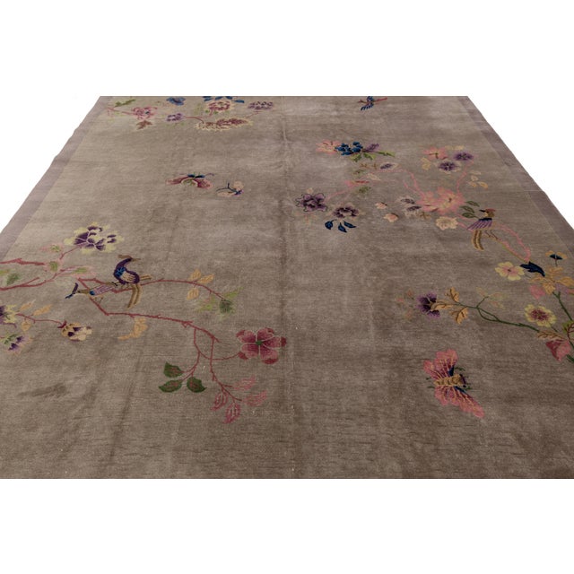 1920s Antique Chinese Art Deco Rug Floral & Bird Motif in Taupe & Amethyst For Sale - Image 9 of 11
