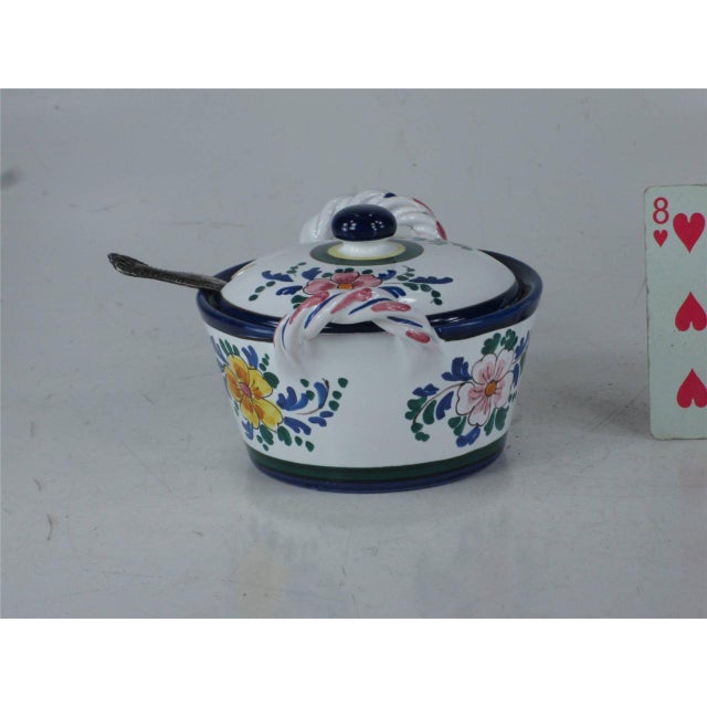 Late 20th Century Jelly / Jam Pot Italy, Hand Painted Art Pottery, Slotted Lid for Spoon & Handles For Sale - Image 4 of 12