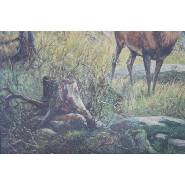 Wood Antique Carl Zimmermann German Elk Hunting Landscape Print Carved Framed 53" For Sale - Image 7 of 12