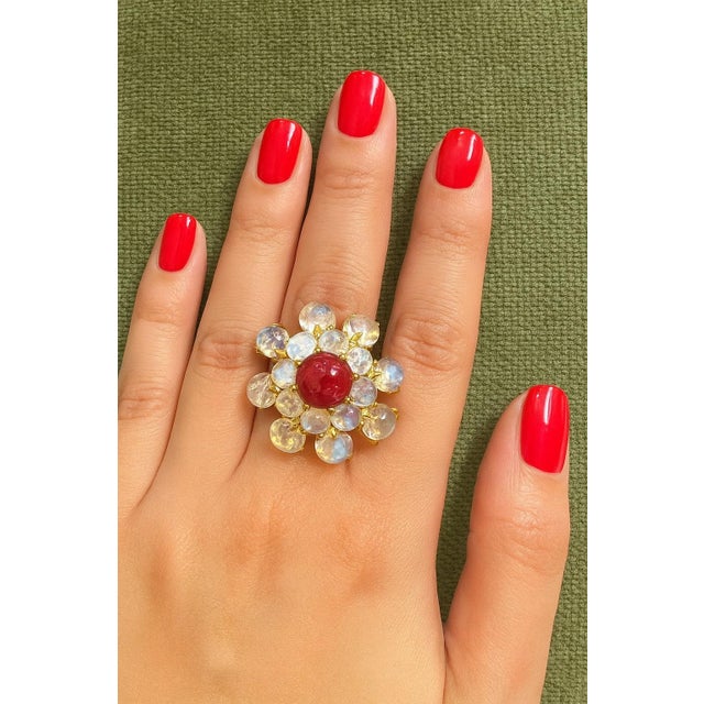 Gemstone Bochic "Orient" Vintage Bubble Cabochon Ruby & Moon Stone Ring Set 18K Gold & Silver For Sale - Image 7 of 18