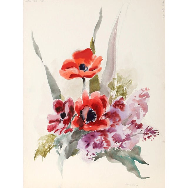 Bursting with color and bathed in light, this floral still life by Eve Nethercott features red and pink flowers layered...