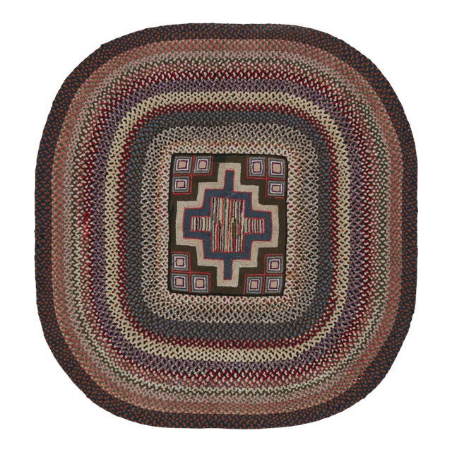 Antique Hooked Oval Rug With Stripes and Geometric Patterns, From Rug & Kilim For Sale