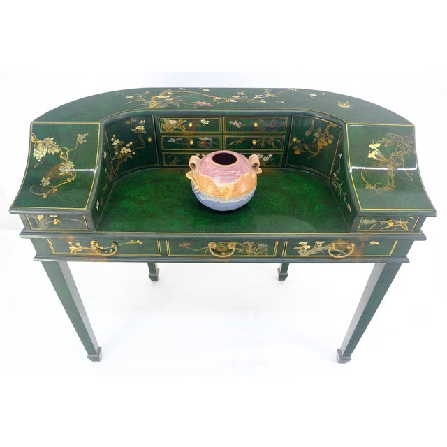 Drexel Emerald Green Lacquer Chinoiserie Desk Writing Table Console & Chair MINT For Sale - Image 4 of 18