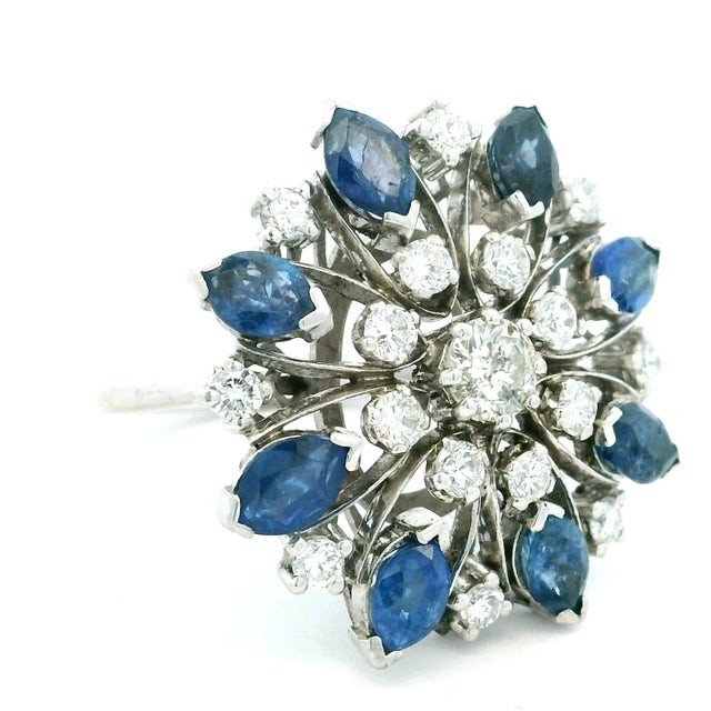 Mid-Century Marquise Sapphire and Diamond Cocktail Ring in 18K White Gold For Sale In Miami - Image 6 of 11