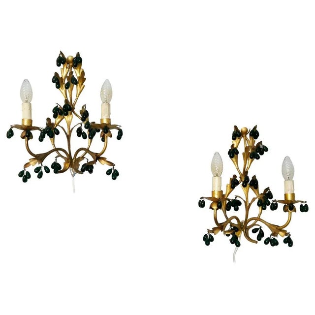 Wall Lights in Gilted Metal with Green Glass Drops, 1950s, Set of 2 For Sale - Image 11 of 11
