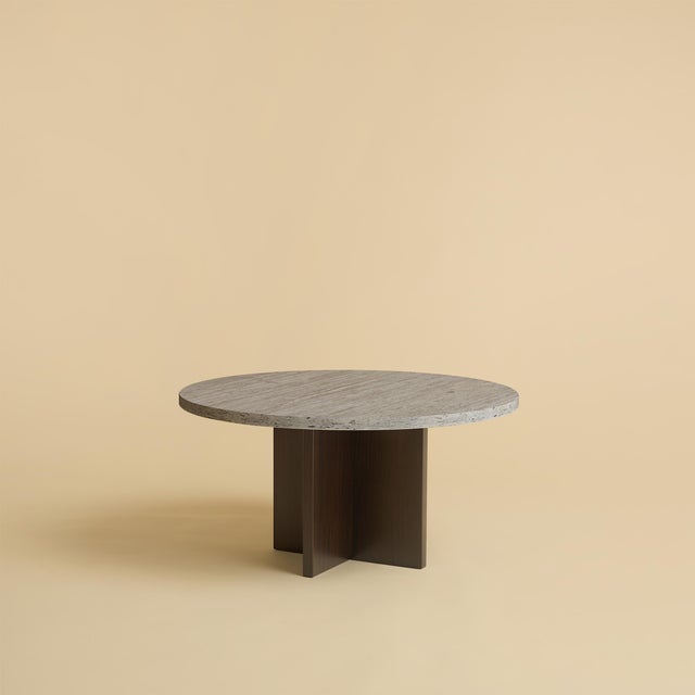 Round Grey Titanium Travertine and Smoked Oak Coffee Table by Lebanto For Sale - Image 4 of 4