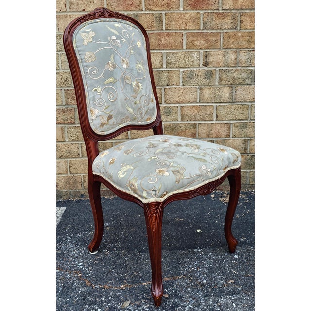 Aqua Set of 4 Provincial Fruitwood and Embroidered Ultrasuede Upholstery Side Chairs For Sale - Image 8 of 10