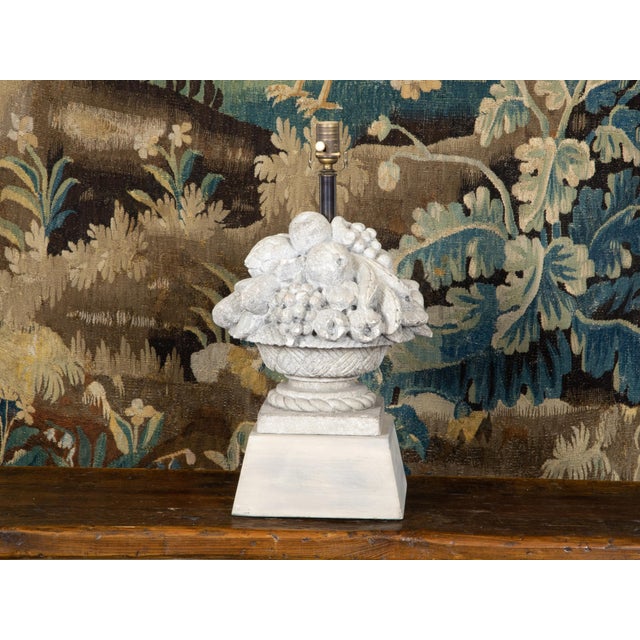 French 1940s Carved Stone Table Lamp Depicting a Fruit Bowl on Pedestal For Sale - Image 4 of 10