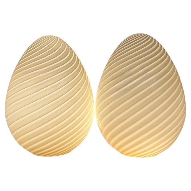 Pair of Monumental Vetri Murano Spiral Ribbed Egg Lamps, Italy, Circa 1980s A striking pair of monumental Murano glass...
