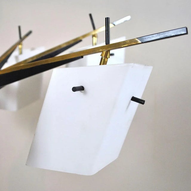 Wood Brass, Wood, and Opaline Glass Pendant Lamp by Stilux, 1960s For Sale - Image 7 of 14