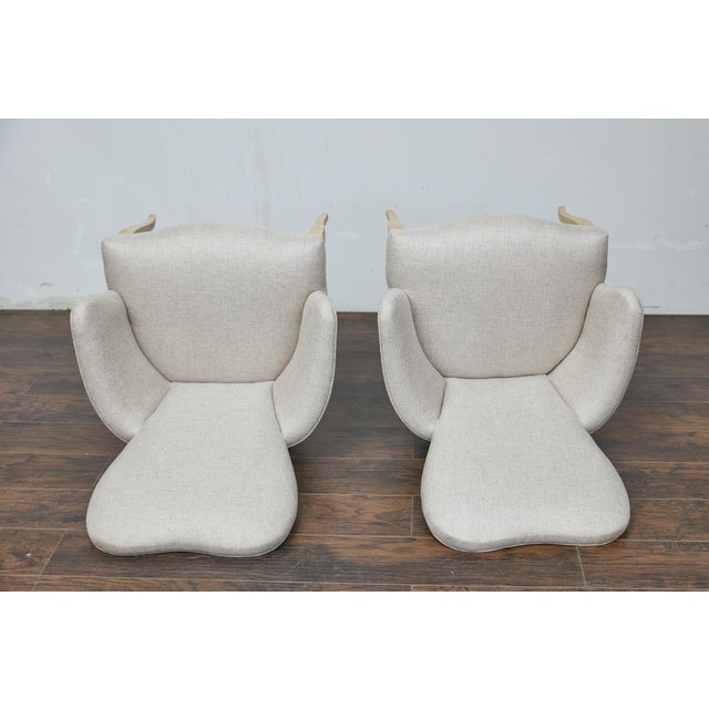 Pair of French Midcentury Armchairs with Linen Upholstery, Curved Tapered Legs For Sale - Image 4 of 12