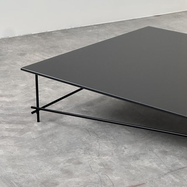 Minimalist Black Glass Coffee Table with Industrial Metal Base For Sale - Image 9 of 11