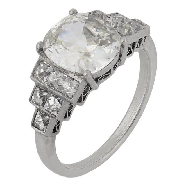 1920s Gia 2.04 Carat Cushion and French Cut Diamond Platinum Engagement Ring, Size 6 For Sale