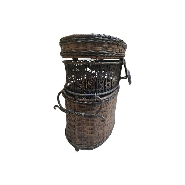 Late 20th Century Vintage Woven Rattan & Ornate Metal Storage Basket Chest For Sale - Image 5 of 7