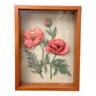 Vintage Signed 1998 I. Griffin Dimensional Botanical Poppy Relief – Framed Shadowbox Wall Sculpture For Sale