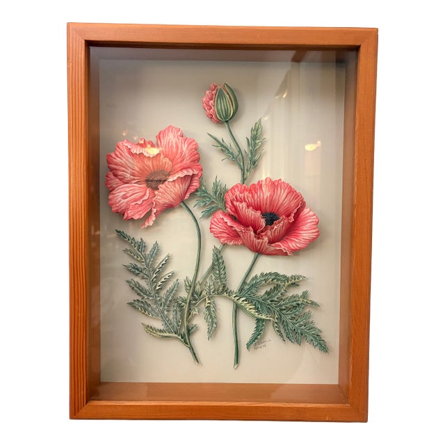 Vintage Signed 1998 I. Griffin Dimensional Botanical Poppy Relief – Framed Shadowbox Wall Sculpture For Sale