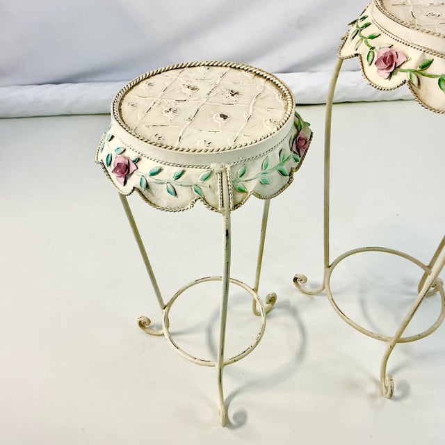 1950s Vintage French Style Boho Chic Scalloped Tole Rose Plant Stands - Set of 2 For Sale - Image 15 of 18