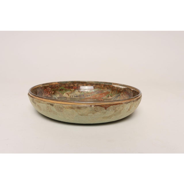Vintage Folk Art/Tramp Art Tobacciana Cigar Band Decoupage Glass Decorative Bowl For Sale - Image 4 of 15