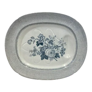 Huge Antique 19th Century Francis Morley & Co Ermine Border Floral Pattern Footed Serving Platter With Juice Well - Made in England