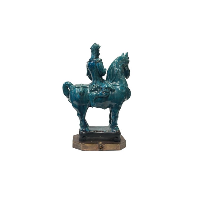 Vintage Distressed Dark Green Glaze Ceramic Soldier Riding Horse Figure For Sale - Image 4 of 6
