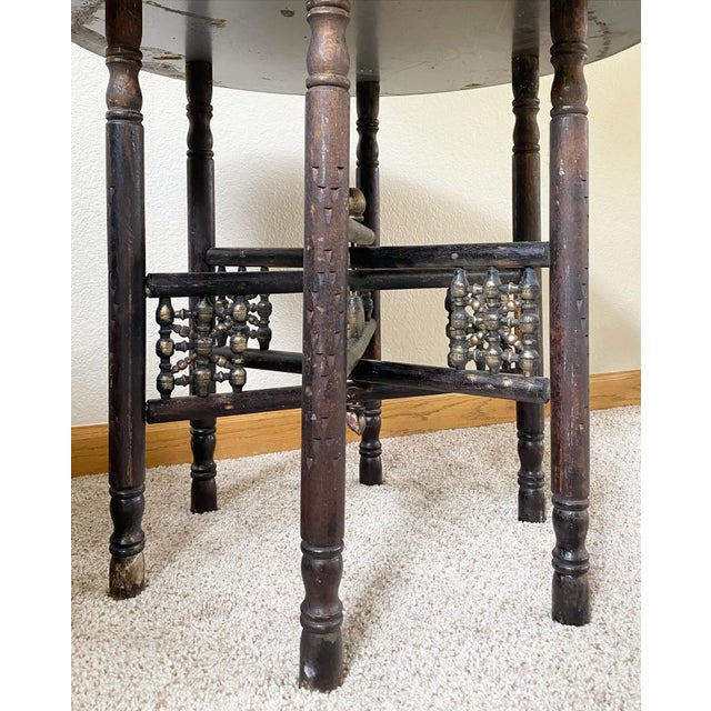 Brown Industrial Moroccan Side Table With Round Raw Steel Top + Weathered Folding Base For Sale - Image 8 of 16