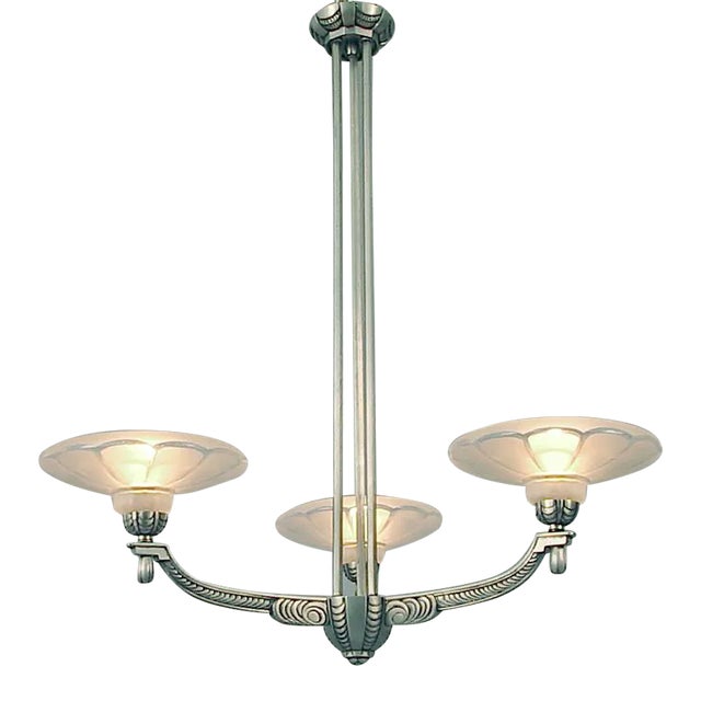 1920s Restored French Art Deco Long-Hanging 3-Light Nickel Chandelier by Boretti of Lyon For Sale