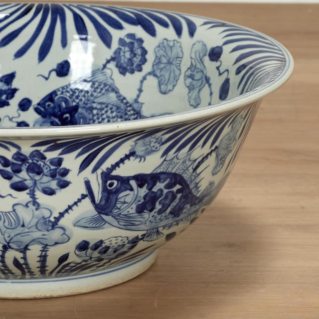 Ceramic Large Chinese Blue and White Porcelain Fish Bowl For Sale - Image 7 of 11