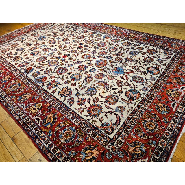 Vintage Persian Isfahan Rug, Hand-Knotted Wool, Allover Floral Pattern, Ivory & Red, 10x14 For Sale In Chicago - Image 6 of 14