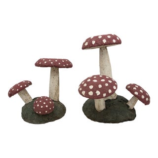 Pair Vintage Painted Stone Toadstools Mushrooms With Red Caps For Sale