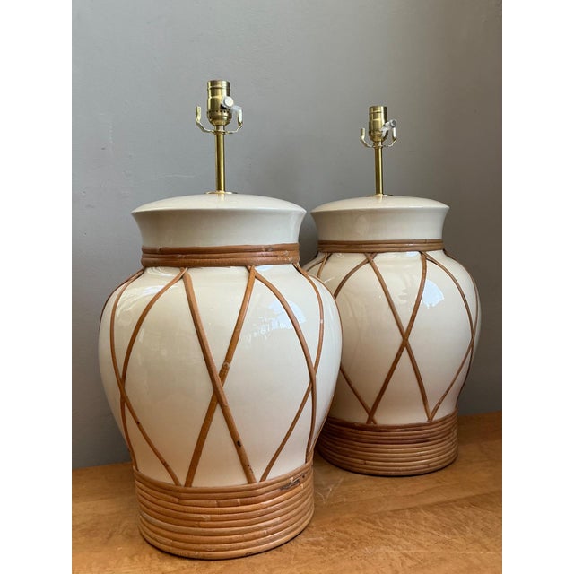 Wood Vintage Ceramic and Rattan Table Lamps - Pair For Sale - Image 7 of 14