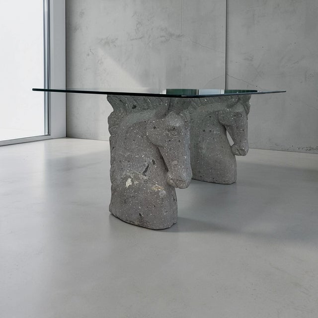 Vintage Custom Chisled Stone/Concrete Horse Head, Glass Top Desk/Table For Sale - Image 11 of 13