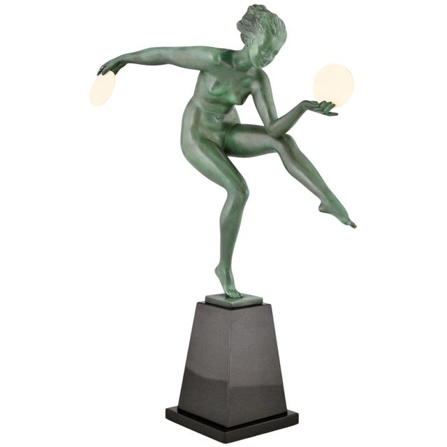 Stone Art Deco Nude Disc Dancer in Metal on Marble Base by Andre Derenne and Marcel Bouraine, France, 1930s For Sale - Image 7 of 12