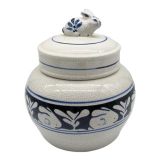 Vintage American Stoneware Potting Shed Dedham Rabbit Cookie Jar Canister Bunny For Sale