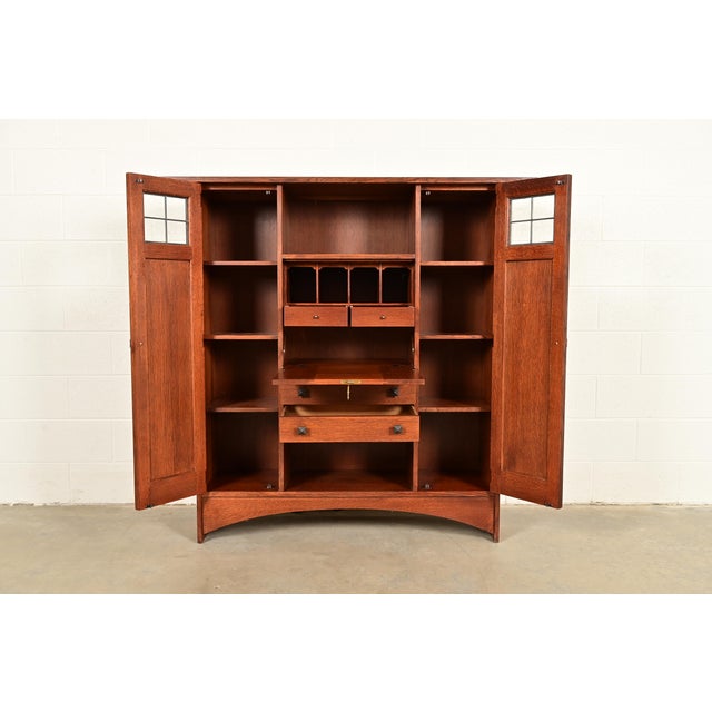 Early 21st Century Stickley Harvey Ellis Collection Arts & Crafts Inlaid Oak and Leaded Glass Bookcase With Drop Front Secretary Desk For Sale - Image 5 of 18