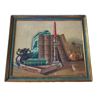 F Martel, French Still Life with Books and Candle, 1920s, Oil on Panel For Sale