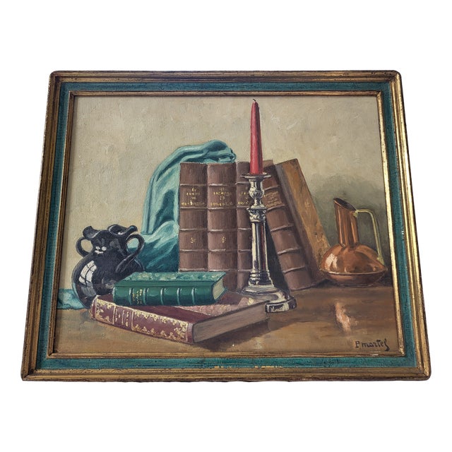 F Martel, French Still Life with Books and Candle, 1920s, Oil on Panel For Sale