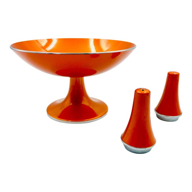 Mid 20th Century Bjorn Engo "Emalox Norway" Pedestal Bowl With Matching Salt & Pepper Set- 3 Pieces For Sale