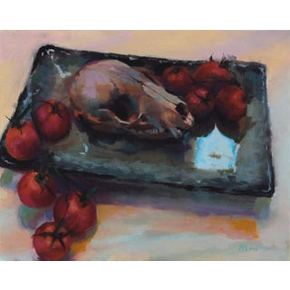 Vanitas by John McLeod | Oil on panel Still life featuring a skull and tomatoes For Sale