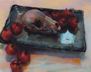 Vanitas by John McLeod | Oil on panel Still life featuring a skull and tomatoes
