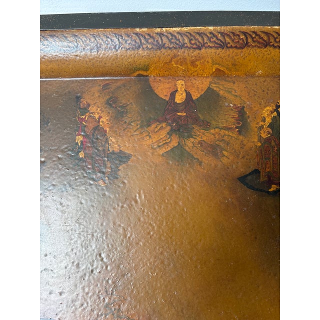 Antique Painted Metal Tray on Stand Depicting a Chinese Ceremonial Landscape For Sale In Boston - Image 6 of 10