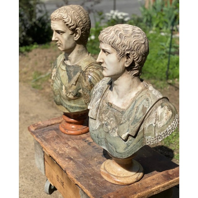 Incredible hand carved 19th century Italian specimen marble busts of Julius Caesar and Mark Anthony. The life like faces...