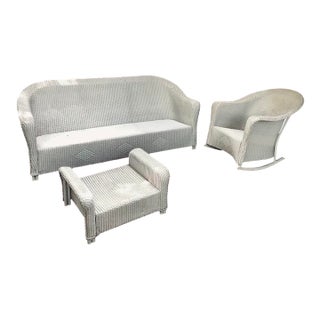 Vintage Lloyd Looms - 3 Piece Wicker Set: Sofa, Rocking Chair, Foot Stool/Side Table, 3 Pieces For Sale