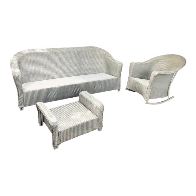 Vintage Lloyd Looms - 3 Piece Wicker Set: Sofa, Rocking Chair, Foot Stool/Side Table, 3 Pieces For Sale