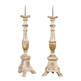 A Pair of Italian 19th Century Painted and Gilded Candlesticks on Tripod Feet For Sale