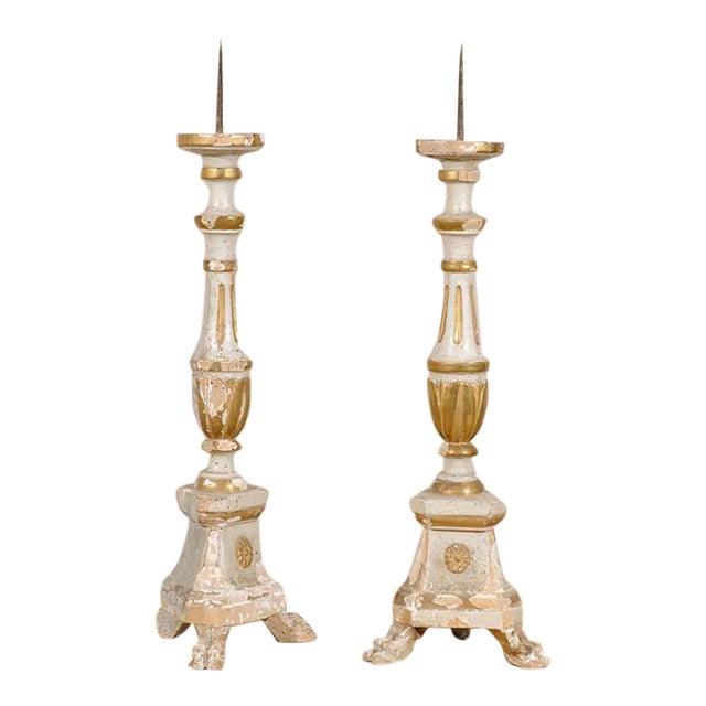 A Pair of Italian 19th Century Painted and Gilded Candlesticks on Tripod Feet For Sale