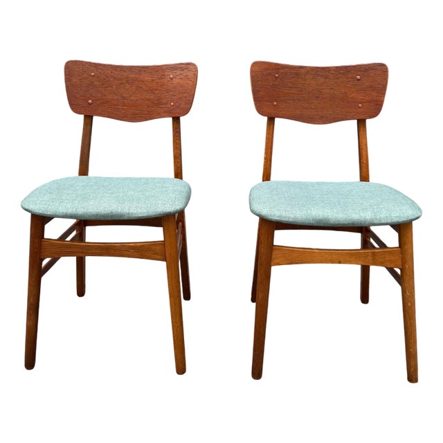 Teak Dining Chairs with Teal Upholstery, Set of 2 For Sale