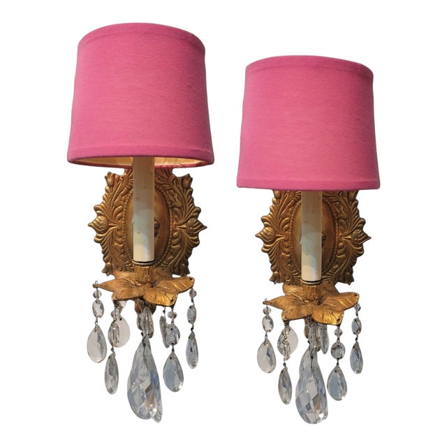 Pink Shade Palm Beach Regency Style Wall Sconces, a Pair For Sale